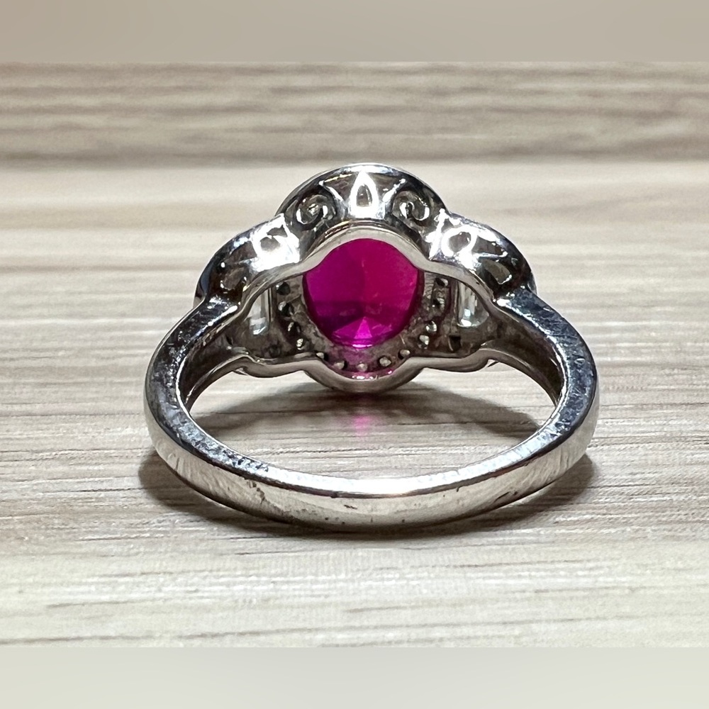 Designer Signed FE Sterling Silver Red & Clear Cubic Zirconia Halo Ring, Size 7 - Picture 4 of 11